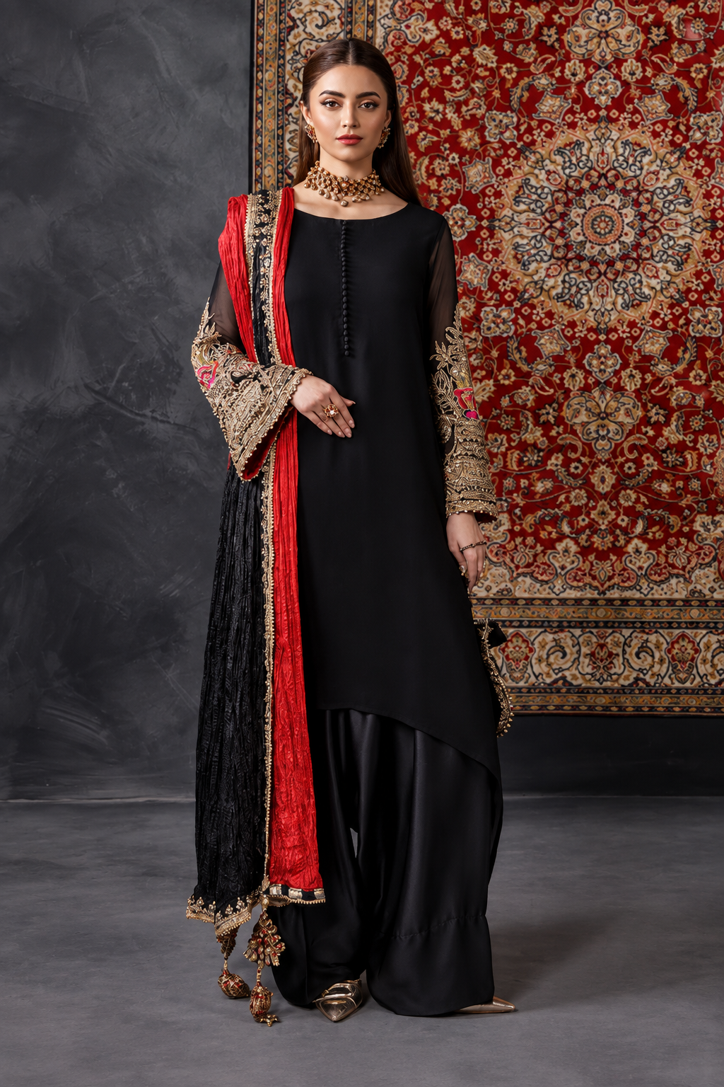 P-300 black Pakistani formal dress with hand embroidery and red black silk dupatta